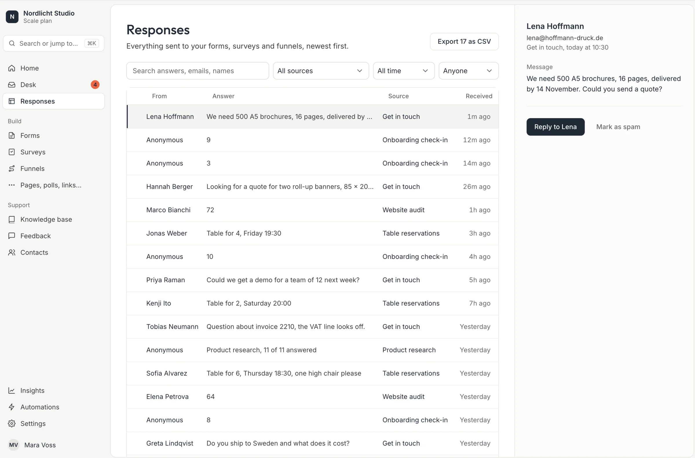 The Responses inbox with Lena Hoffmann's quote request at the top, selected, with a Reply to Lena button.